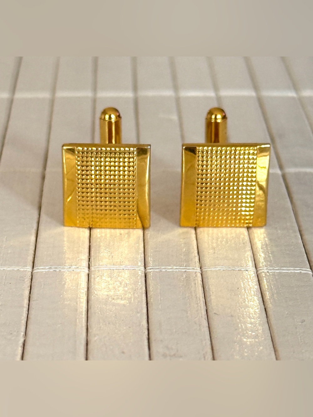 Vintage Gold Tone Square Cufflinks Textured Geometric Pattern Men’s Dress Formal